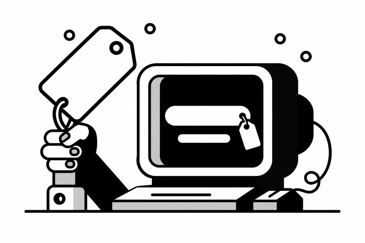 A computer showing a display name with a tag hanging off the end of it, and a hand holding up a luggage tag.